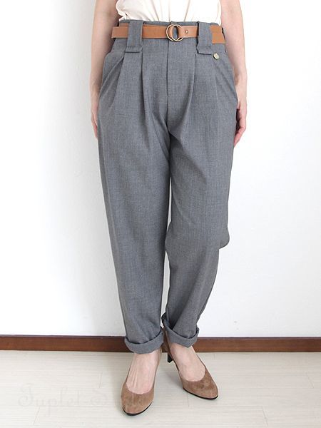 イタリア製 ベルト付きのストレッチ生地 ツータックマンボパンツ グレイ サイズ展開あり