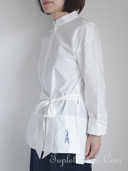 フランス Yoshi Kondo スタンドカラー 裾にエッフェル塔刺繍のベルトリボン付きブラウス 白 Mサイズ