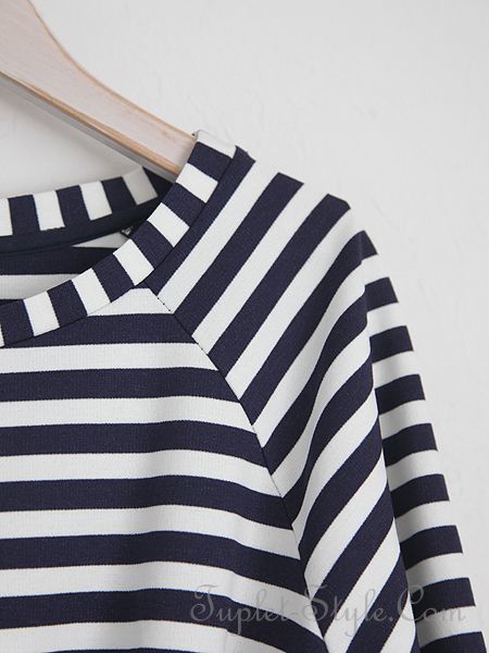 Taftah 21年春夏 ボートネック 七分袖 ボーダー 無地コンビのワンピース