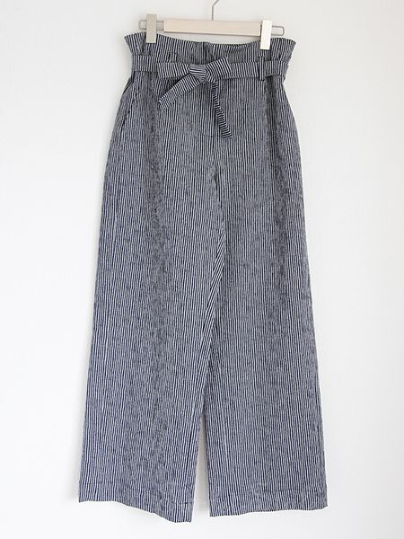 Anne Willi ストレッチコットンのストライプ生地 ベルト付きワイドパンツ ネイビー サイズ展開あり