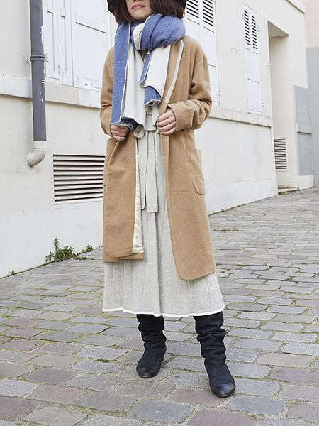 Popup コットンカシミアのニットワンピース ウエストに紐ベルト付きロング丈 グレイ